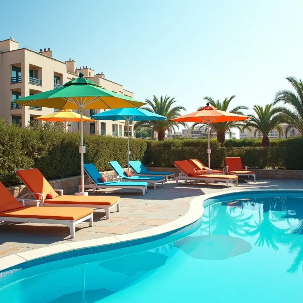 a photo of a pool deck with stylish sunbeds and colorful parasols