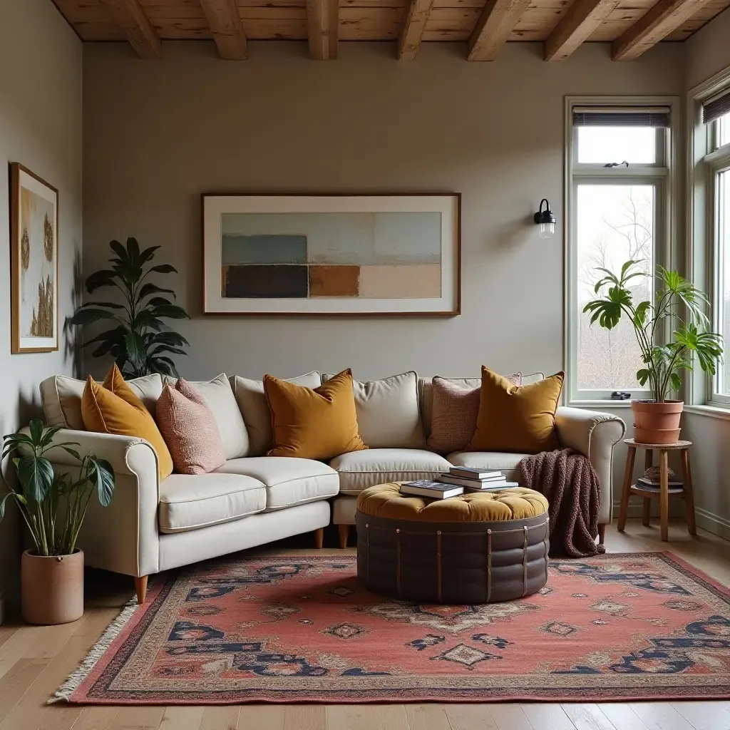 a photo of a cozy corner with a vintage rug and industrial ottoman in a basement