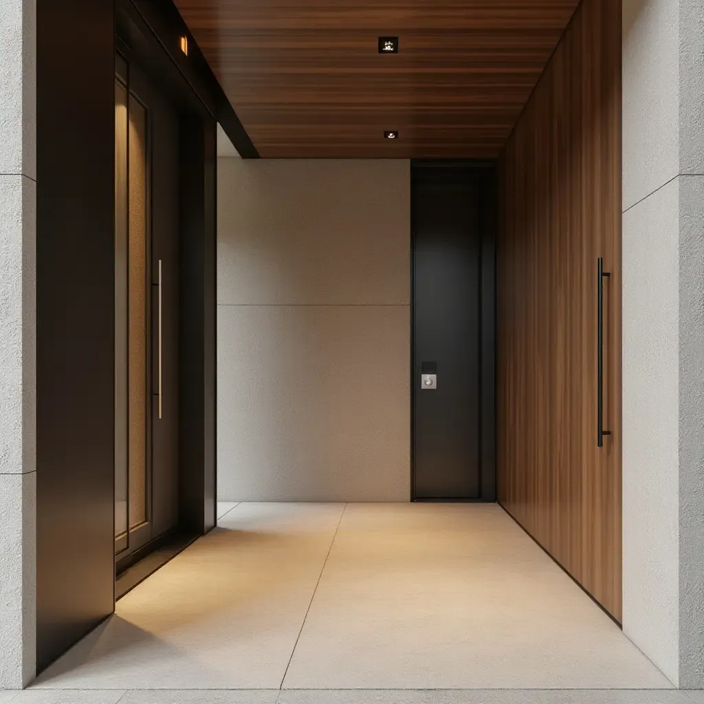 a photo of a textured entrance hall featuring fabric, wood, and metal elements