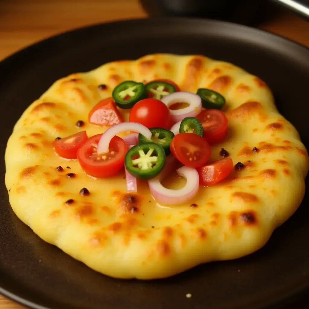 a photo of a fluffy uttapam topped with tomatoes, onions, and green chilies, fresh off the pan.