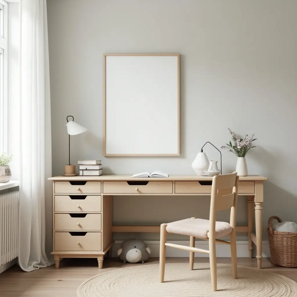 a photo of a vintage-themed children&#x27;s room with a farmhouse desk and chair