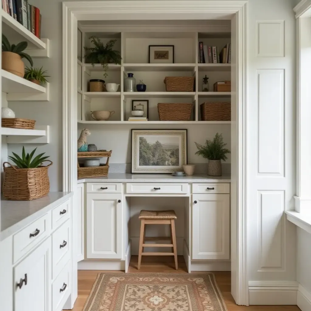 a photo of a pantry with a cozy reading nook and organized shelves