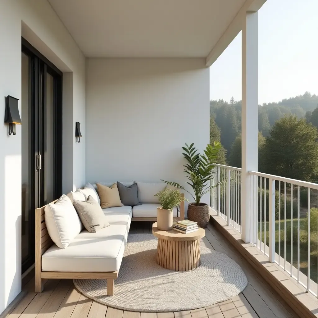 a photo of a cozy Scandinavian balcony with a light color palette and comfortable seating