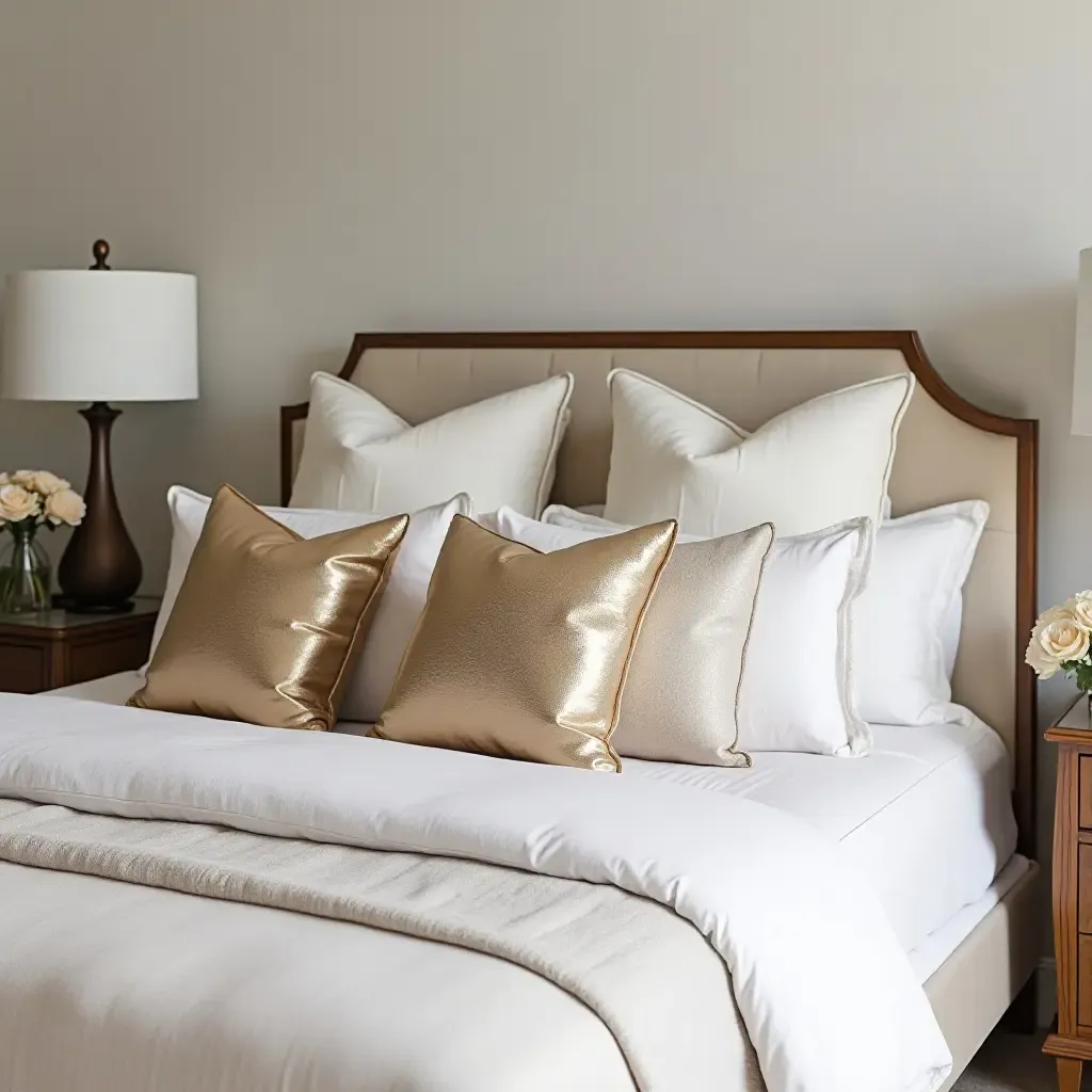 a photo of a chic bedroom with metallic throw pillows