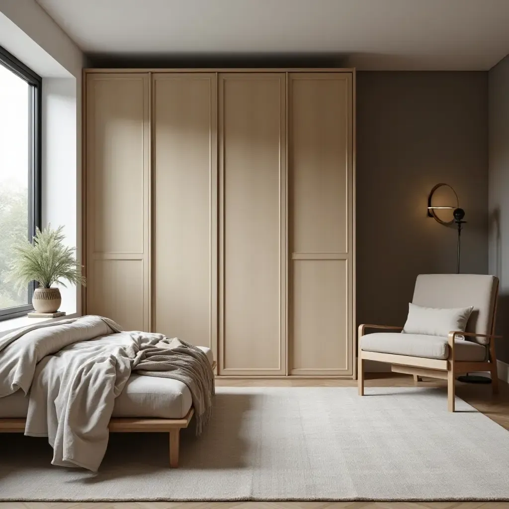 a photo of a modern bedroom featuring a vintage armoire and sleek furnishings