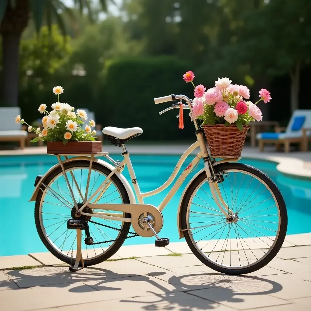 a photo of a charming vintage bicycle adorned with flowers near the pool