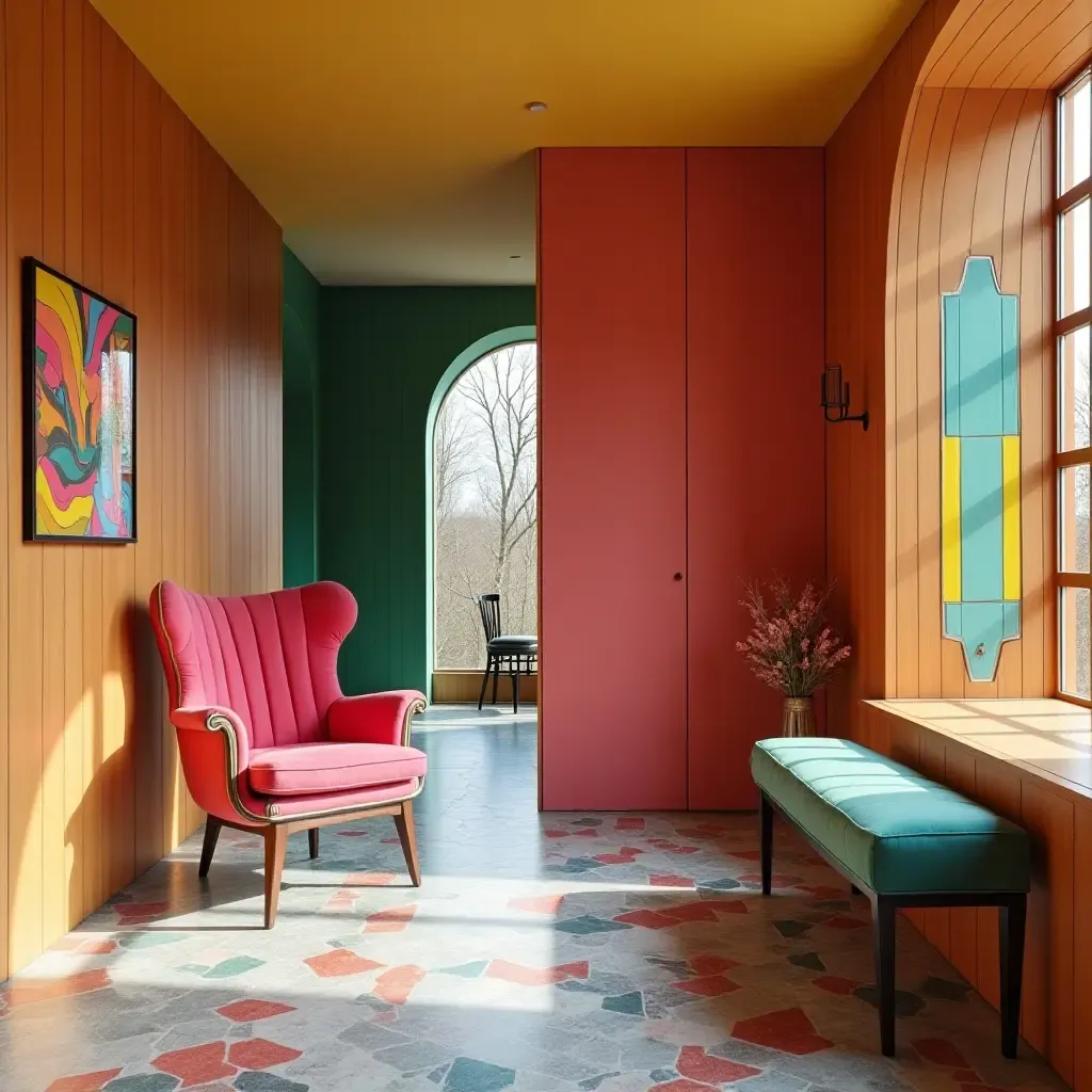 a photo of a colorful entrance hall featuring a unique chair and vibrant decor