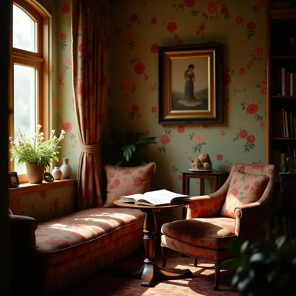 a photo of a cozy vintage reading nook with floral patterns and warm lighting