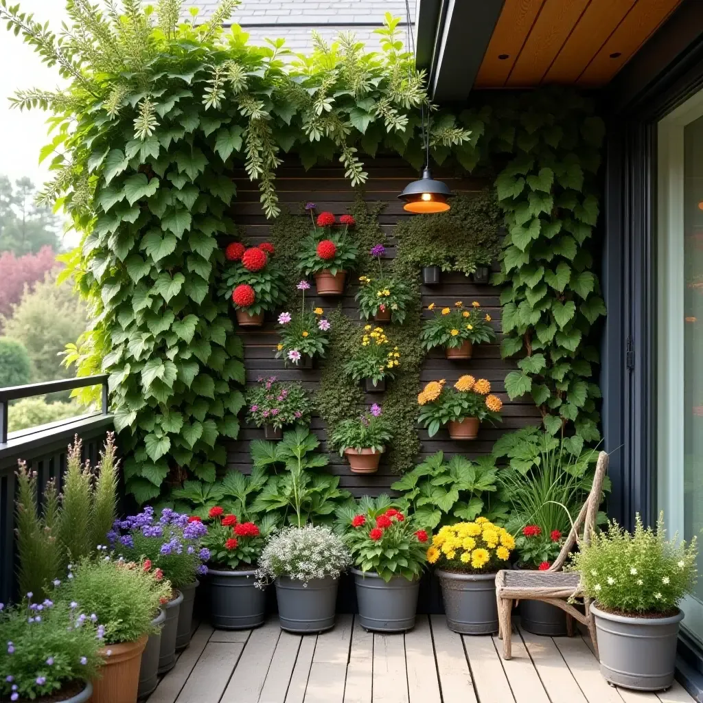 a photo of a cozy balcony garden wall with seasonal flowers and decor