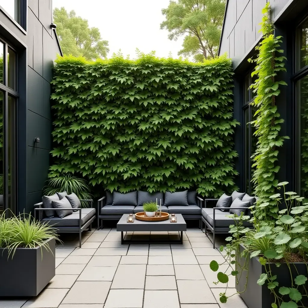 a photo of vertical gardens adorning the walls of a stylish 12x12 patio