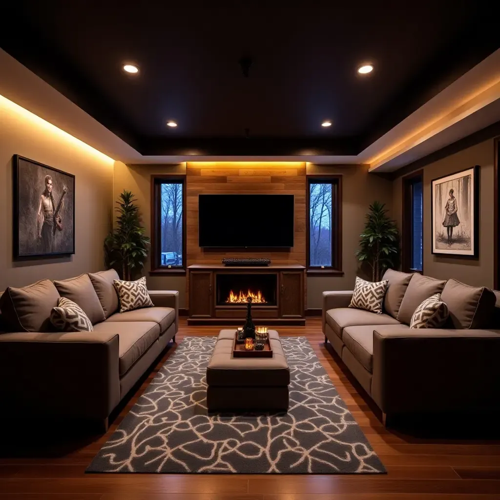 a photo of a basement gaming lounge with comfortable couches and decor