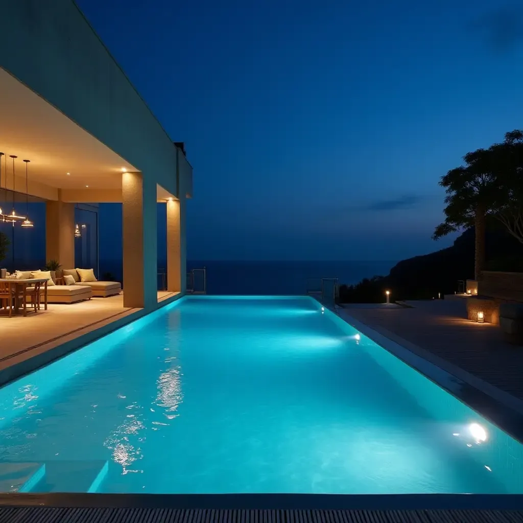 a photo of a luxurious infinity pool illuminated by chic pendant lights