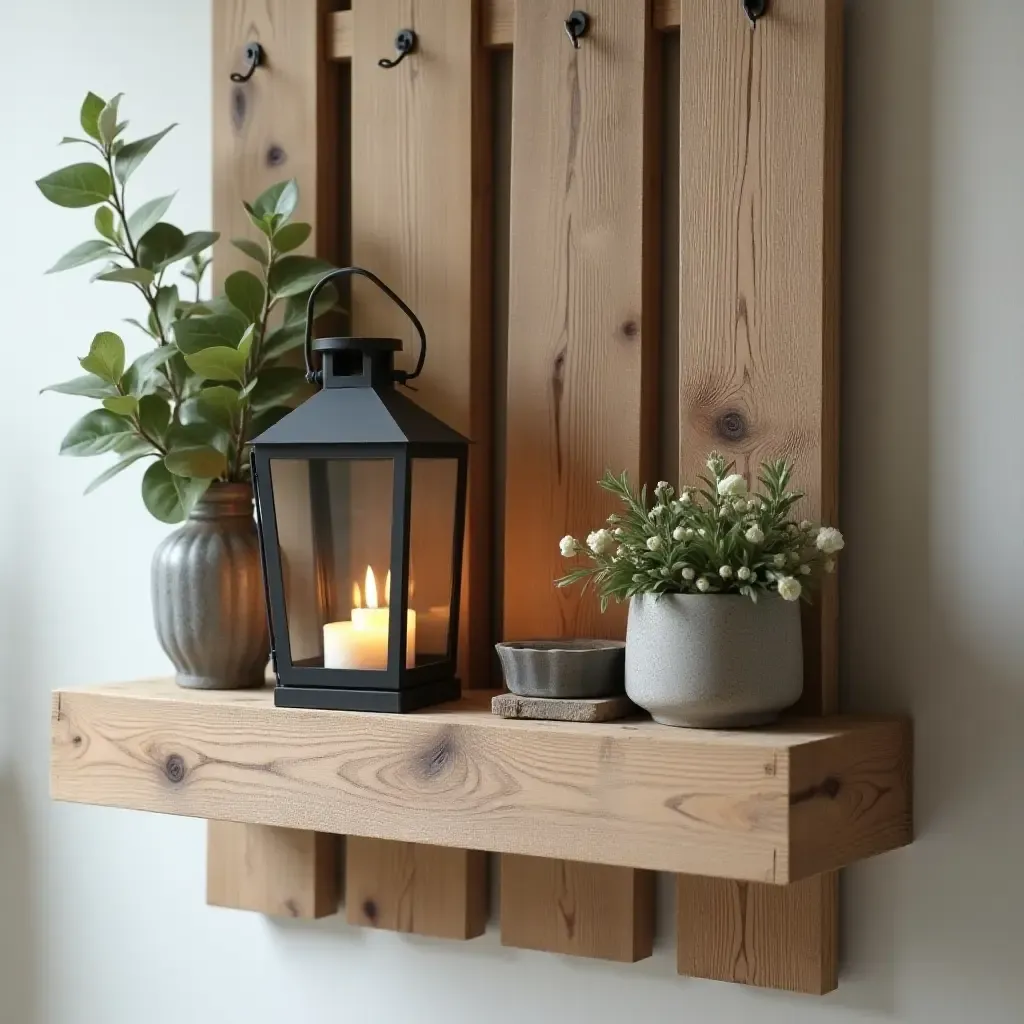 a photo of a rustic balcony shelf made from reclaimed wood with lanterns