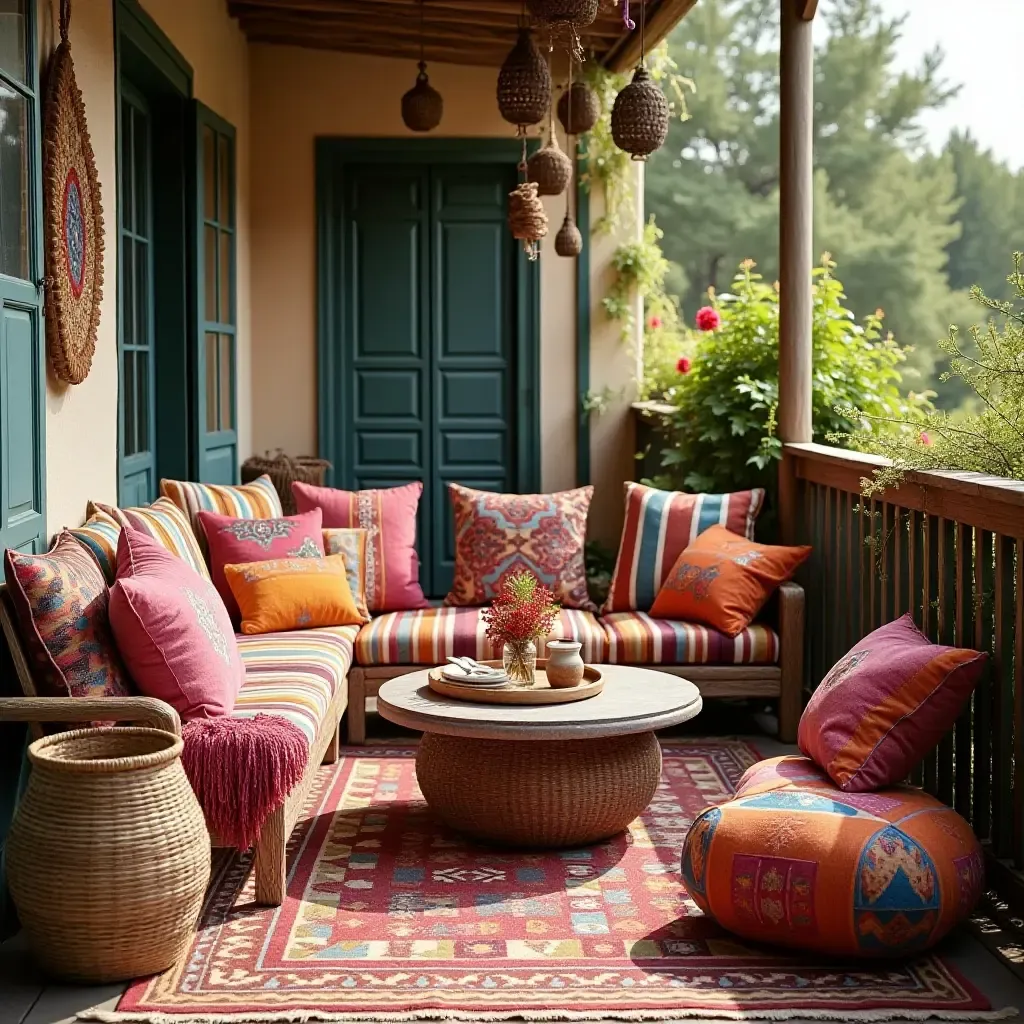 a photo of a bohemian balcony with colorful textiles and cushions