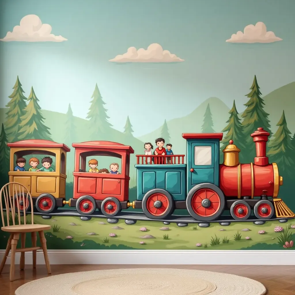 a photo of a charming train mural with colorful carriages