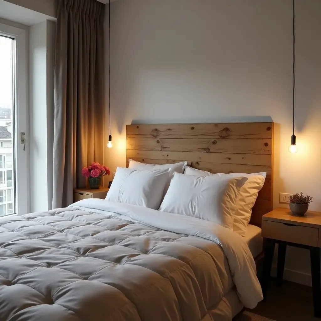 a photo of a small bedroom with a rustic wooden headboard and modern lighting fixtures