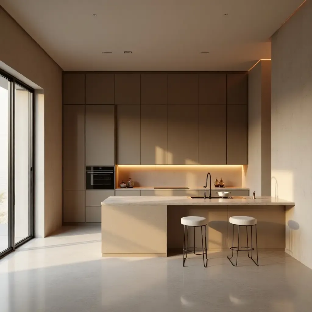 a photo of a minimalist kitchen with luxurious finishes and a warm ambiance