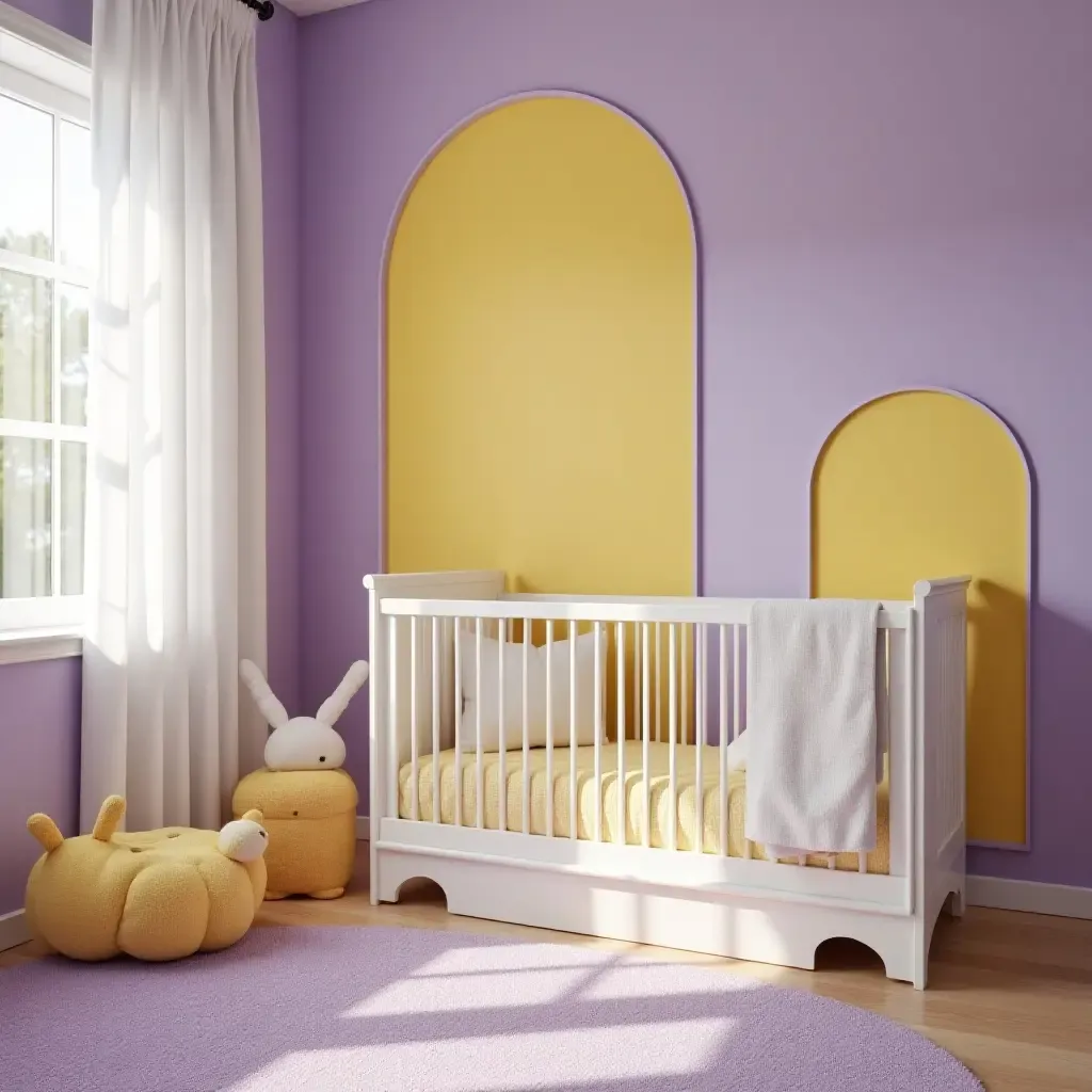 a photo of a nursery showcasing bright purple and soft yellow