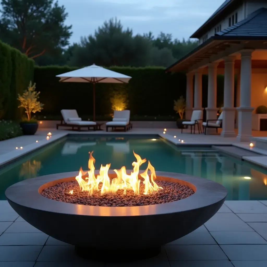 a photo of a cozy outdoor fire pit next to a luxurious pool