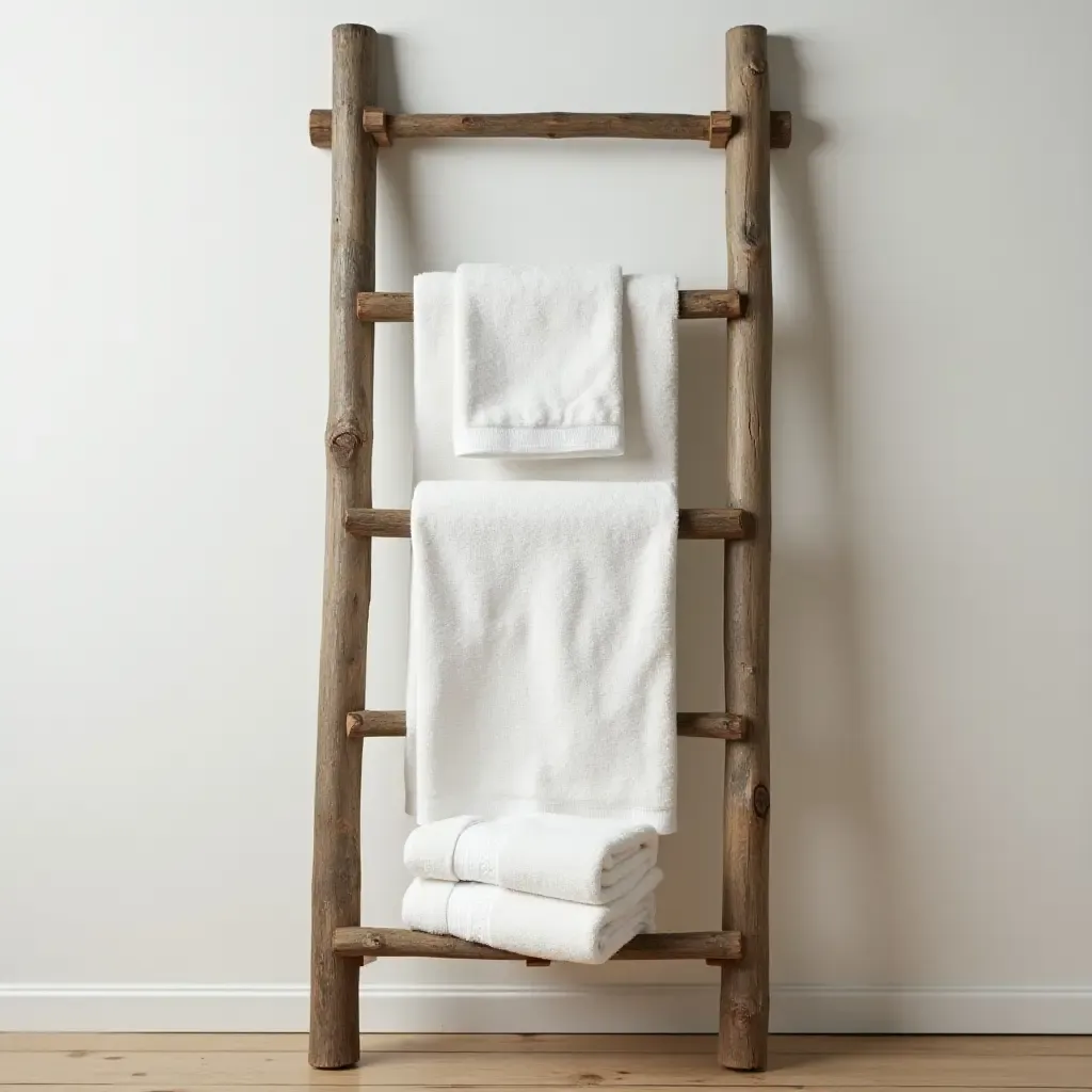 a photo of a rustic ladder used for towel storage