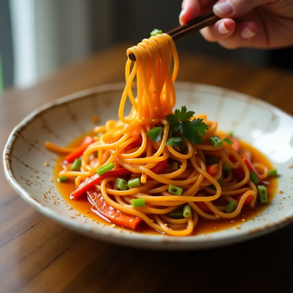 a photo of Korean sweet potato noodles with stir-fried vegetables and sesame oil