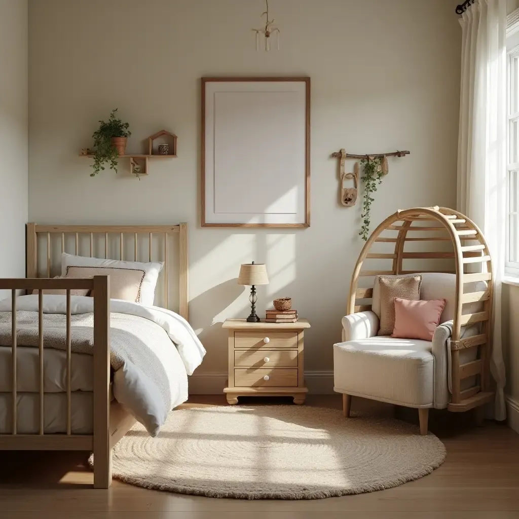 a photo of a vintage-inspired children&#x27;s room with rustic decor and soft lighting