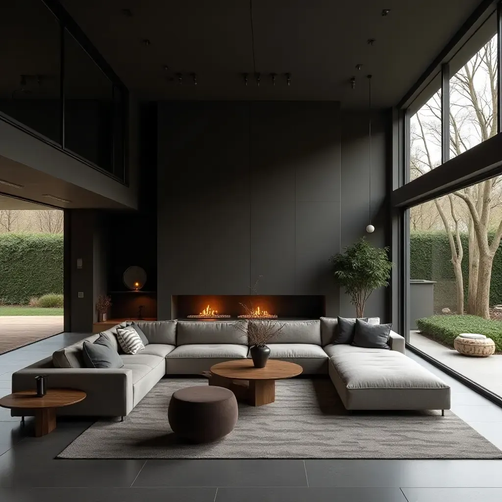 a photo of a dark grey living room with an open layout and seamless indoor-outdoor flow