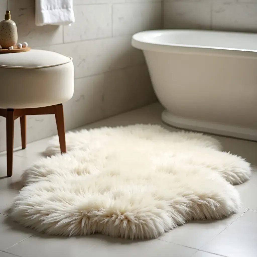 a photo of a soft, fluffy rug in a spa-like bathroom