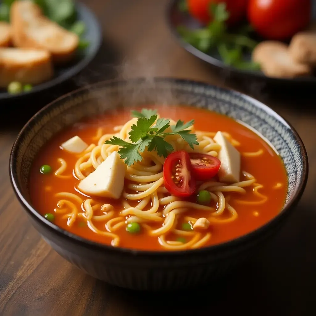 a photo of Bun Rieu, crab noodle soup with tomatoes and tofu, served steaming hot.