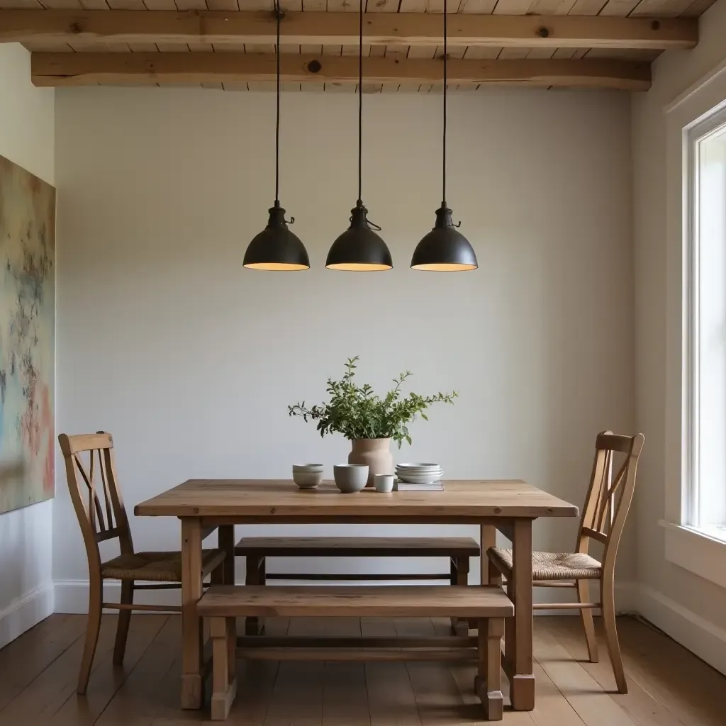 a photo of farmhouse pendant lights above a wooden dining table