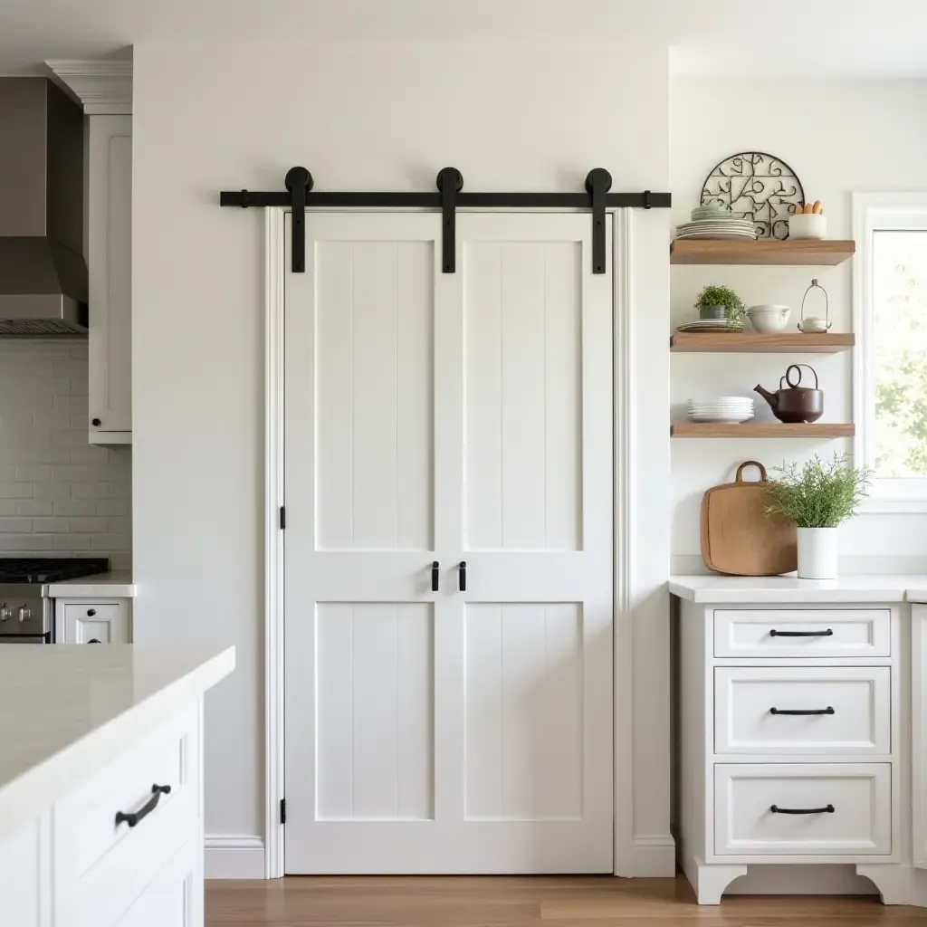 a photo of a kitchen with a farmhouse-style pantry door and decor