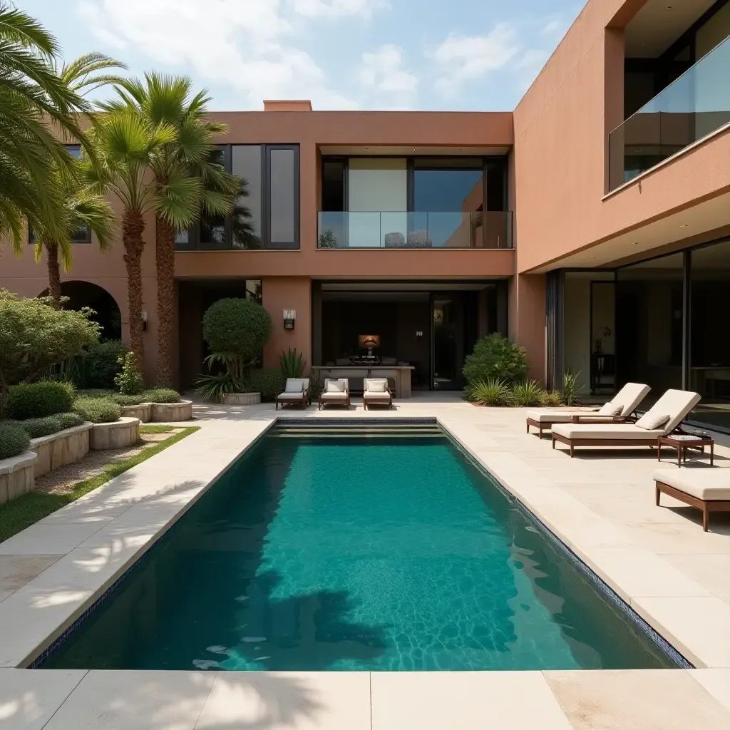 a photo of an elegant pool area with muted tones and rich jewel accents