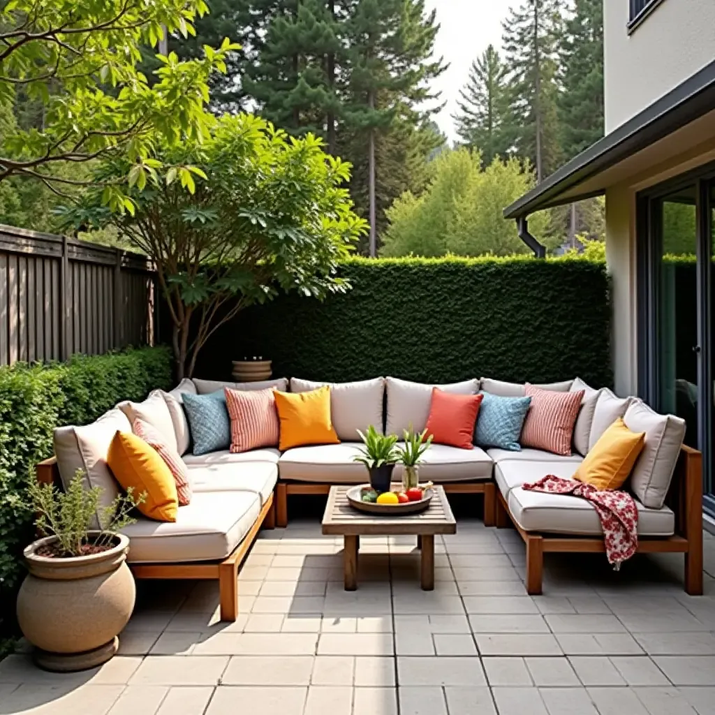 a photo of a cozy seating area with colorful cushions on a 12x12 patio