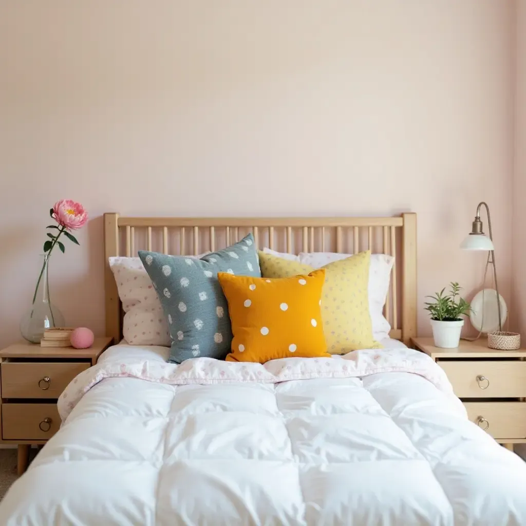 a photo of colorful throw pillows on a child&#x27;s bed