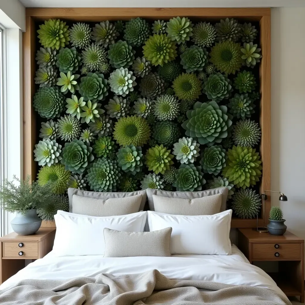 a photo of a bedroom with a vertical garden wall made of succulents