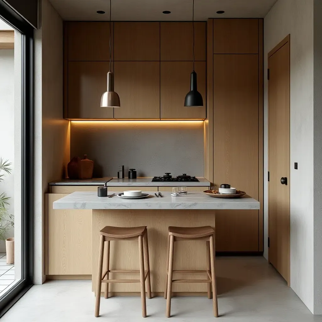 a photo of a compact kitchen utilizing wood, stone, and metal for a cohesive look