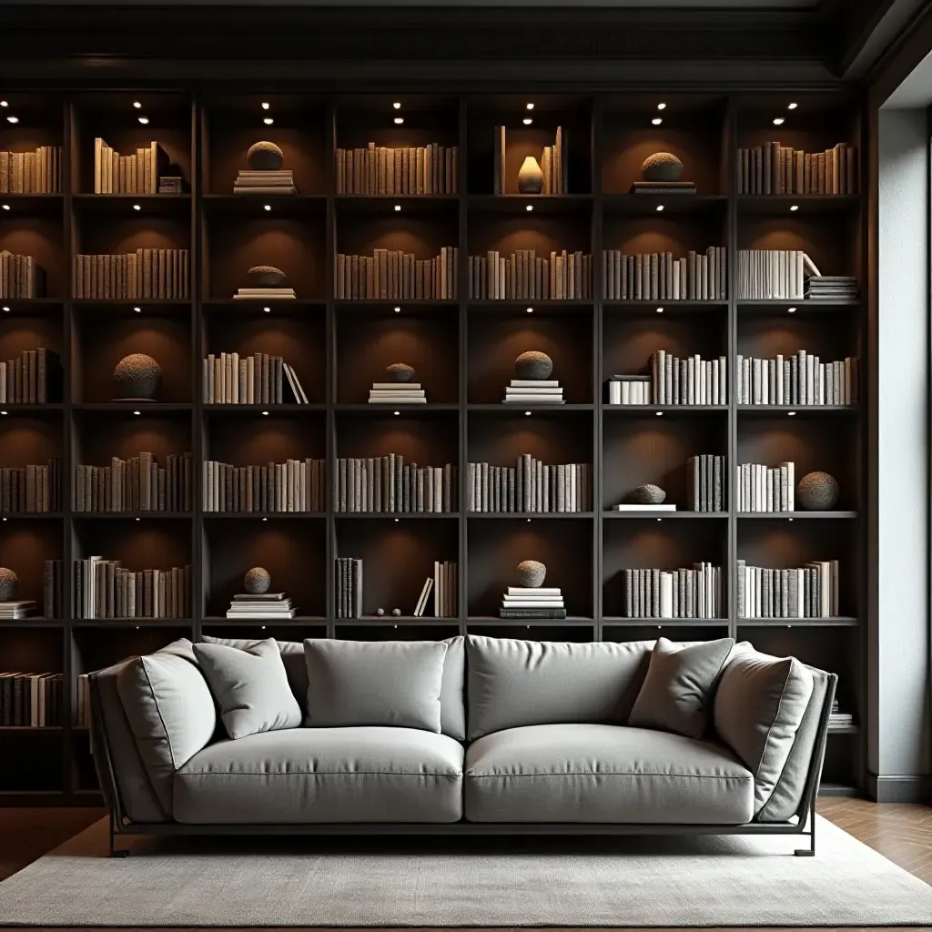 a photo of a grey sofa surrounded by floor-to-ceiling bookshelves and warm lighting