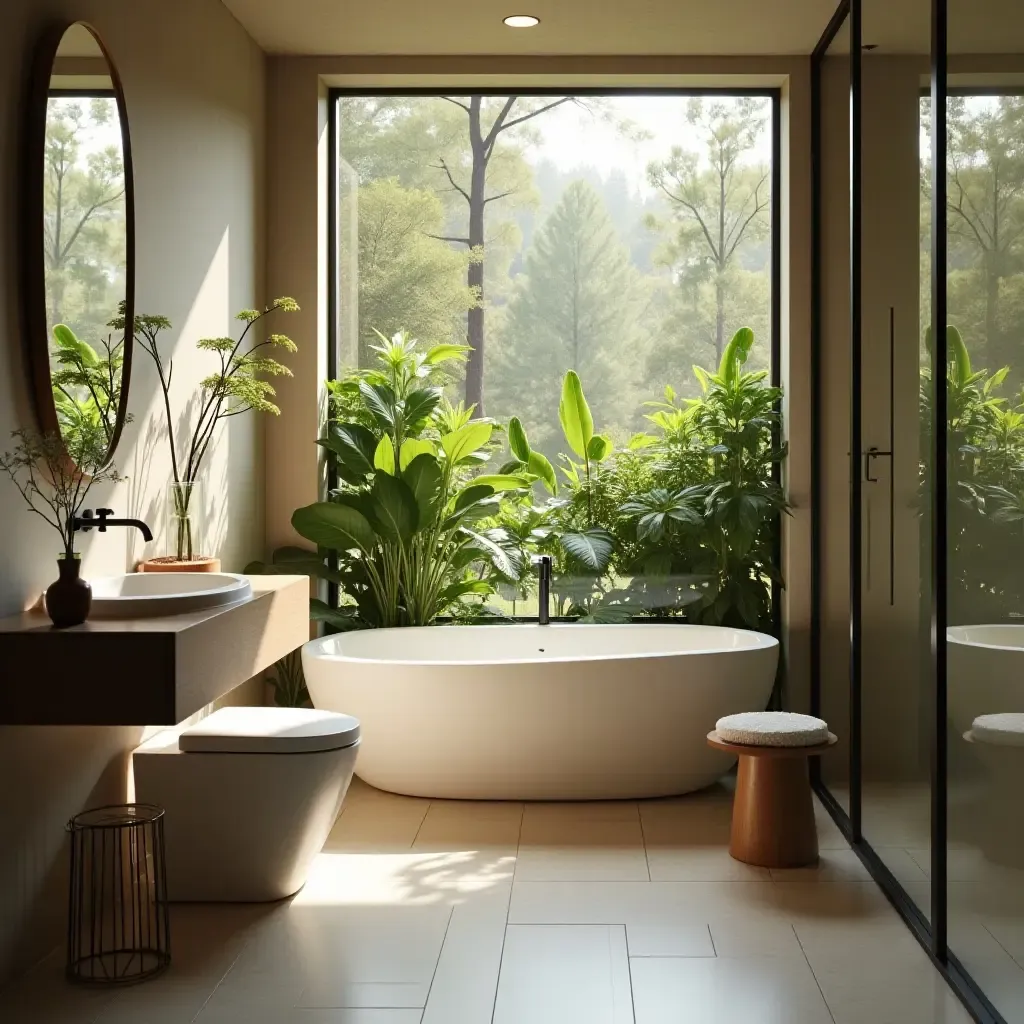 a photo of a tranquil bathroom with a small indoor garden and natural light