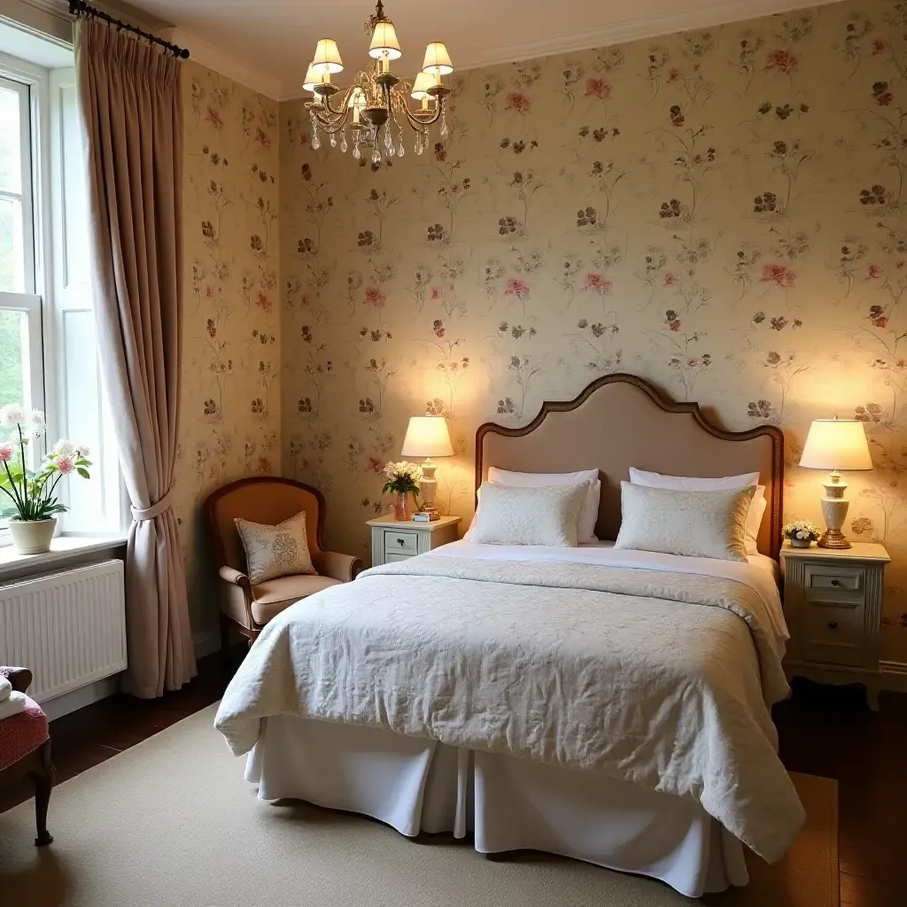 a photo of a cozy bedroom with floral wallpaper and vintage furniture