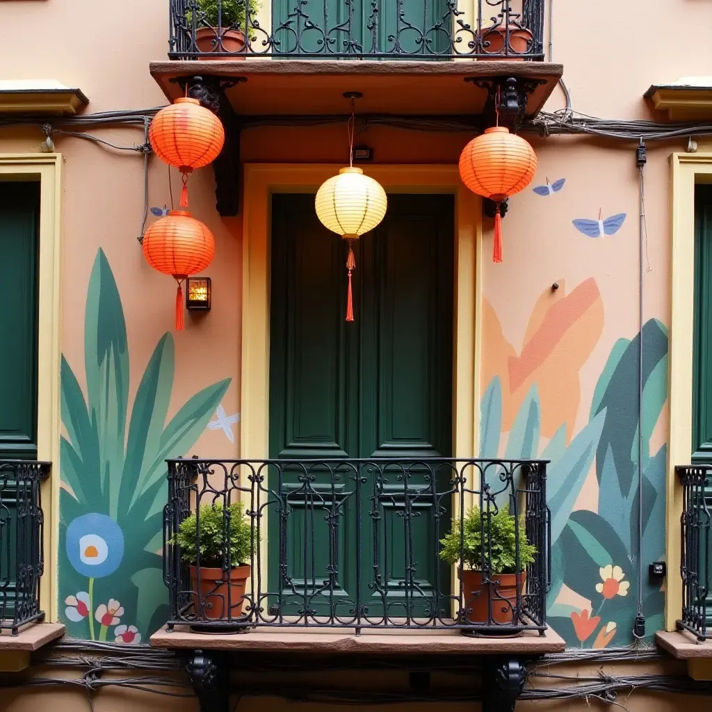 a photo of a balcony with a playful mural and hanging lanterns