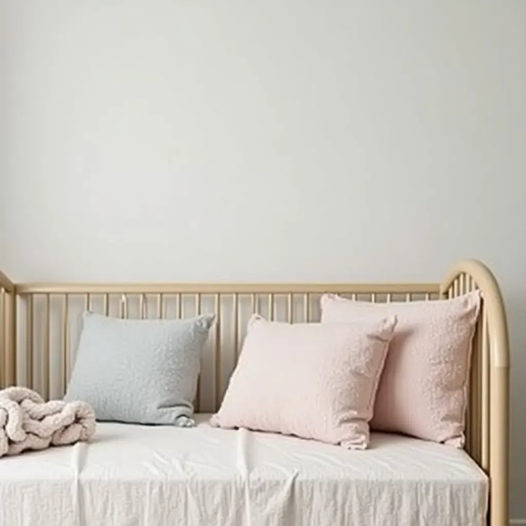 a photo of a nursery featuring pastel throw pillows on a crib