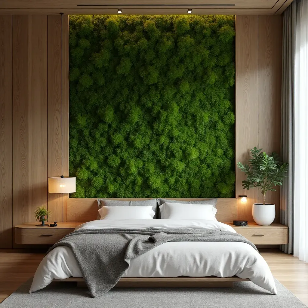 a photo of a bedroom with a moss wall installation and natural wood furniture