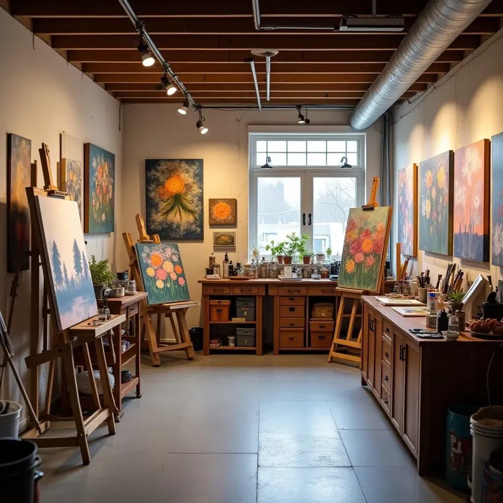 a photo of a basement art studio with easels and vibrant artwork on the walls