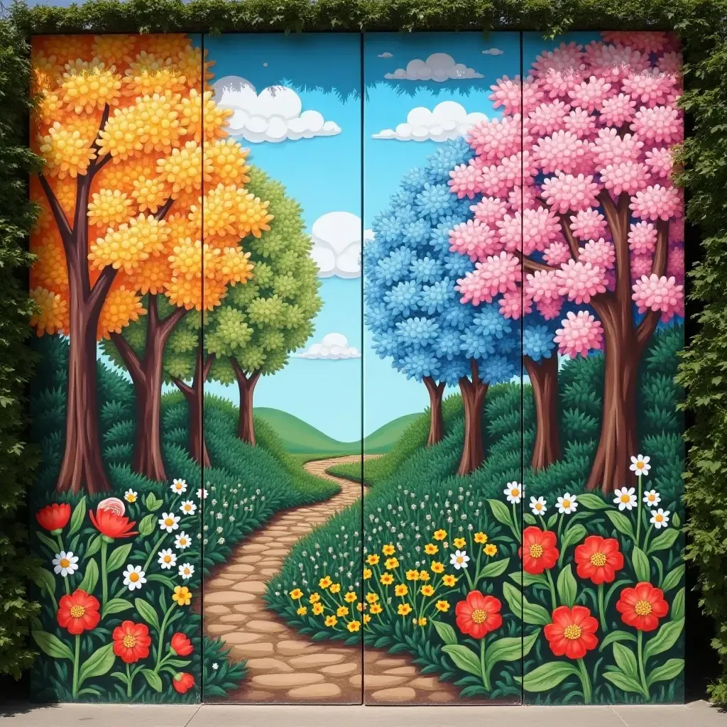 a photo of a mural depicting the four seasons in a garden