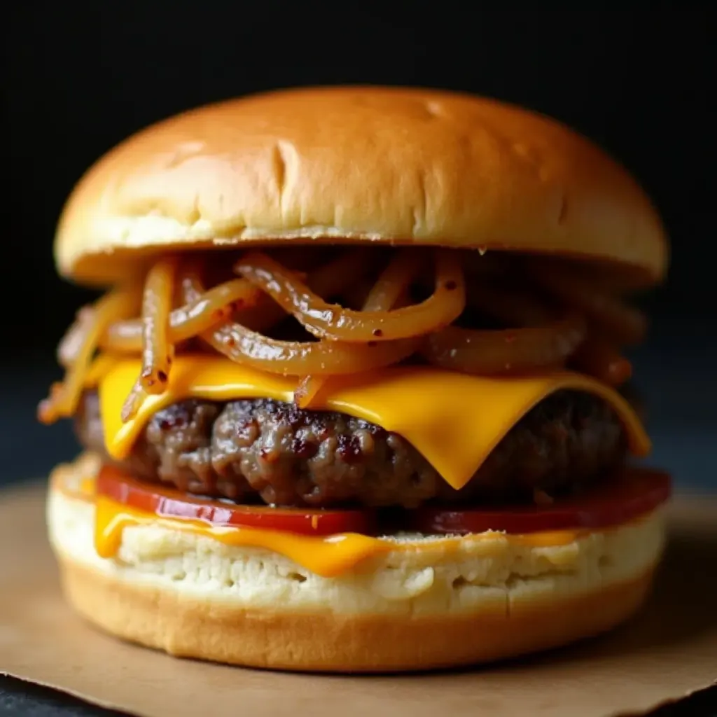 a photo of a burger with a umami-enhanced patty, melted cheese, and caramelized onions.