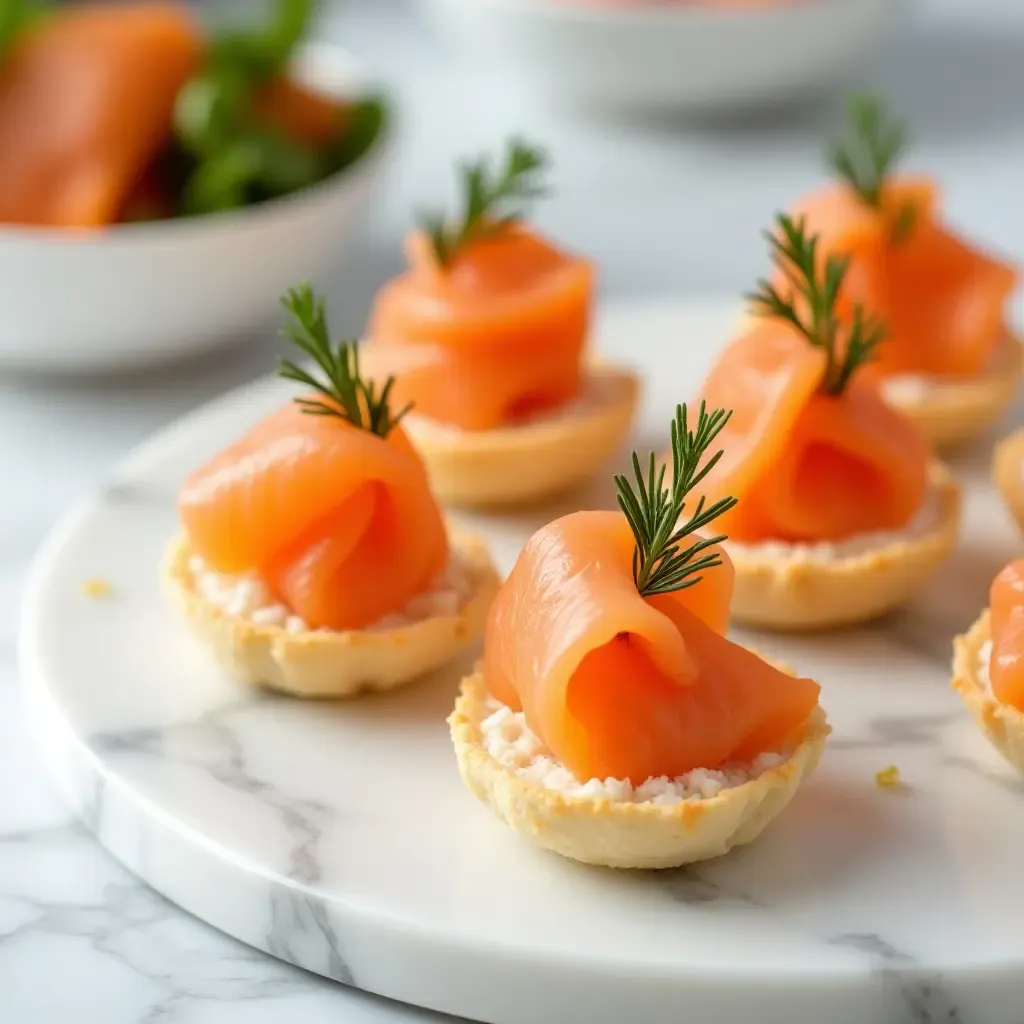 a photo of elegant French canapés with smoked salmon and dill on a marble table.