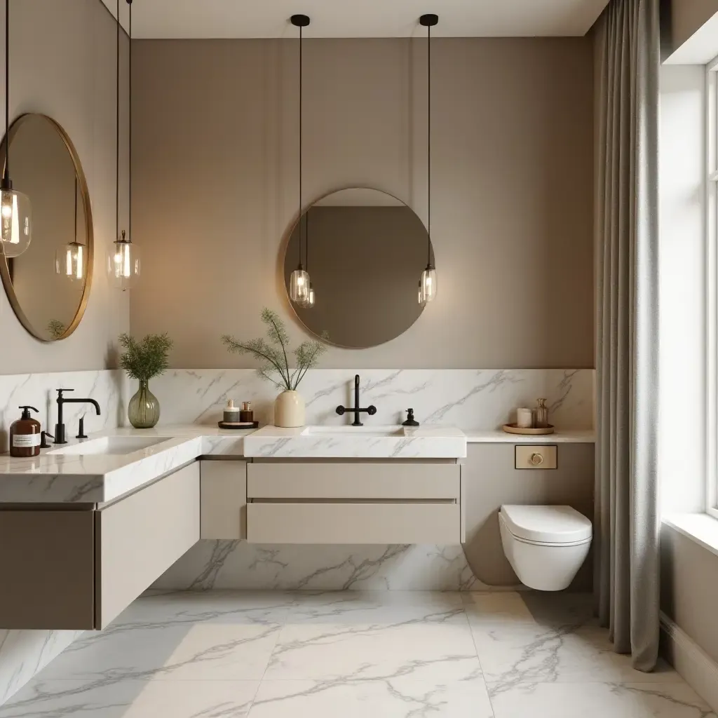 a photo of a stylish bathroom with a beautiful color contrast and elegant fixtures