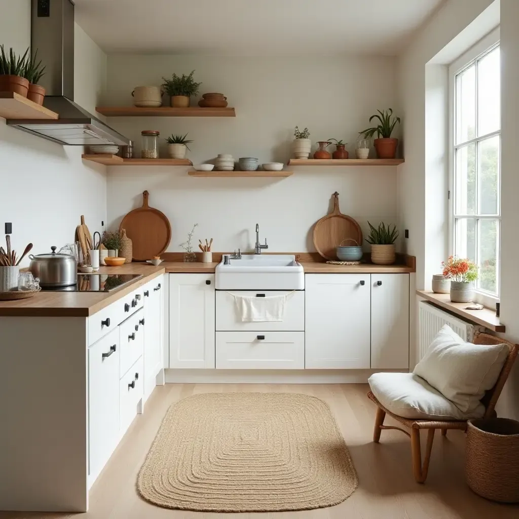 a photo of a cozy kitchen with a woven rug and natural textures