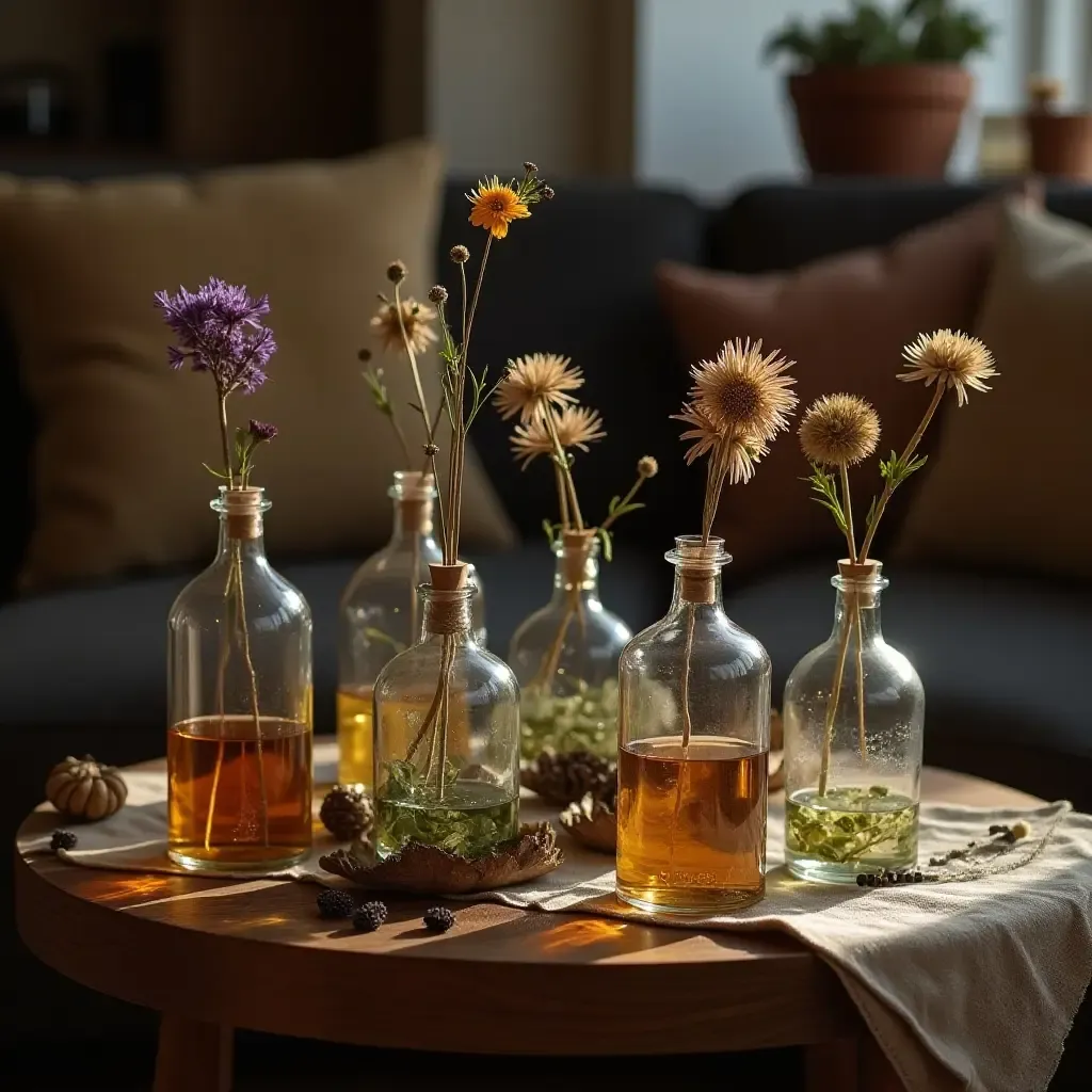 a photo of a coffee table decorated with potion bottles and dried flowers