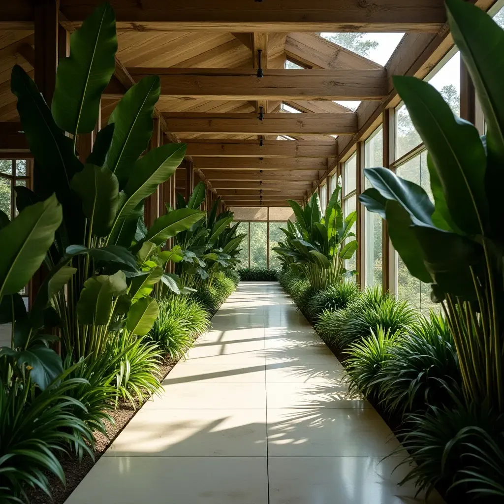 a photo of a corridor with oversized plants and greenery